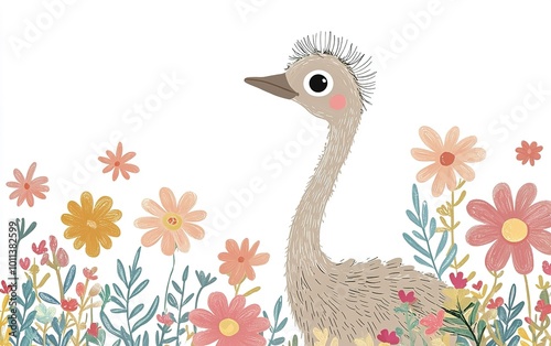 A whimsical ostrich surrounded by vibrant flowers in a cheerful, artistic landscape under bright daylight photo