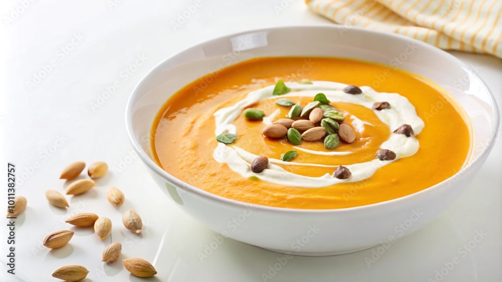 Creamy pumpkin soup with swirl of cream, pumpkin seeds, and a sprig of fresh thyme, in a white bowl on a white table. Creamy pumpkin soup with swirl of cream, pumpkin seeds, and a sprig of fresh thyme, in a white bowl on a white table.