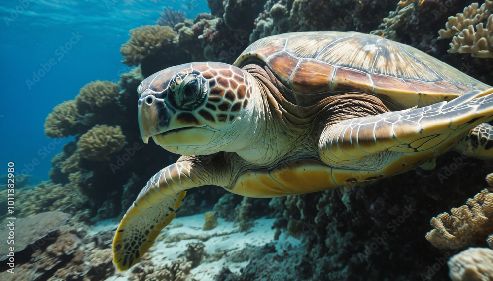 Obraz premium a close-up of a sea turtle swimming through the coral reef, focusing on its shell and flippers