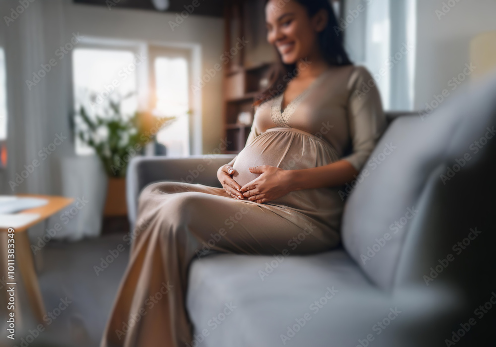 A pregnant woman in a long dress sits on a couch and cradles her belly with a gentle smile. A pregnant woman in a long dress sits on a couch and cradles her belly with a gentle smile.