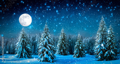 christmas night landscape with snowy moon