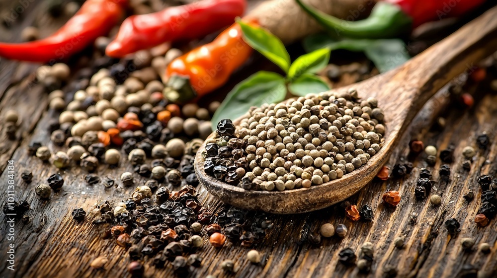 Aromatic Peppercorns and Spices on Rustic Wooden Background Aromatic Peppercorns and Spices on Rustic Wooden Background