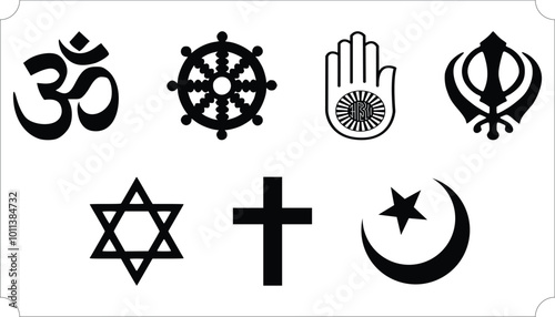 Religion Icons Set, Containing All Religion Icons Outlines. Christianity, Islam, Buddhism, Hinduism, Jainism, yin and yang, Shinto tori gate, Sikhism and swastik. Vector Illustration Collection