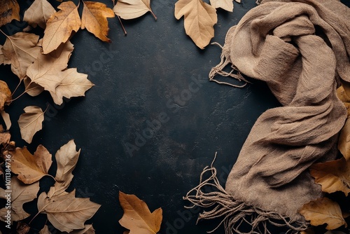 An autumnal brown scarf with fallen leaves on a black background photo