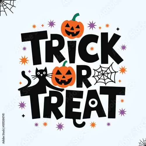 Trick or treat pumpkin and cat elements for kids party horror. Vector illustration invitation card. Happy Halloween lantern. Autumn holiday celebration party violet promo with cute ghost