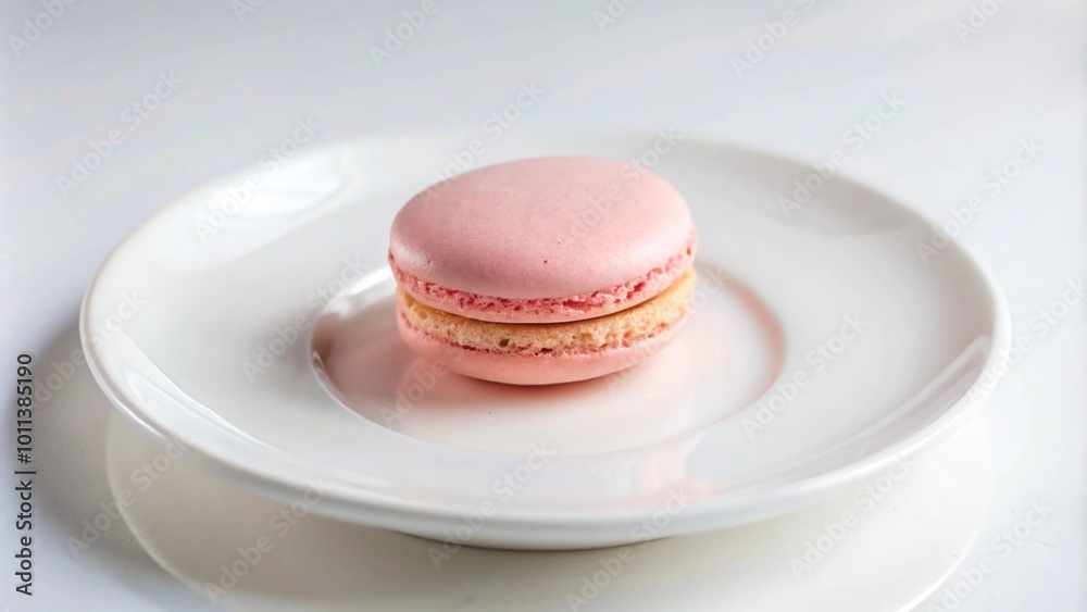 A single pink macaron on a white saucer. A single pink macaron on a white saucer.