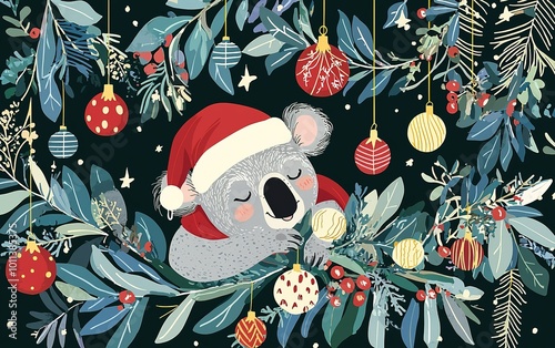 A festive koala in a Santa hat nestled among colorful ornaments and foliage during the holiday season, radiating warmth and joy