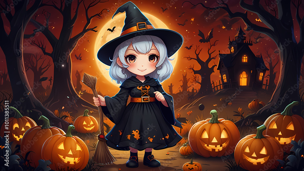Cute chibi witch surrounded by Halloween-themed attributes