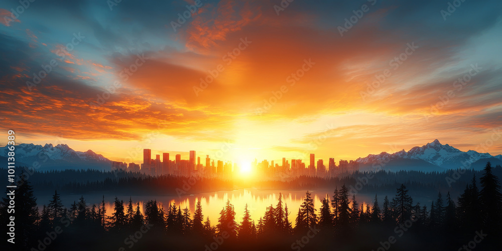Urban and Nature Contrast Skyline and Mountains at Sunset Urban and Nature Contrast Skyline and Mountains at Sunset