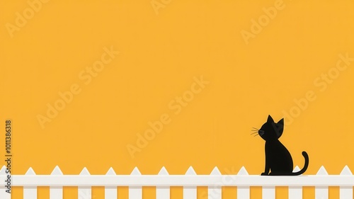 Single black cat silhouette sitting on a fence, subtle Halloween background, minimal design photo