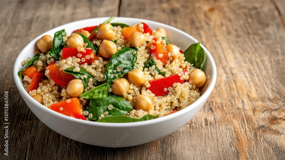 Bowl of quinoa salad with chickpeas, spinach, and red peppers on wooden table. Bowl of quinoa salad with chickpeas, spinach, and red peppers on wooden table.