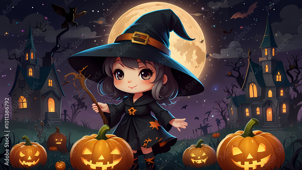 Cute chibi witch surrounded by Halloween-themed attributes