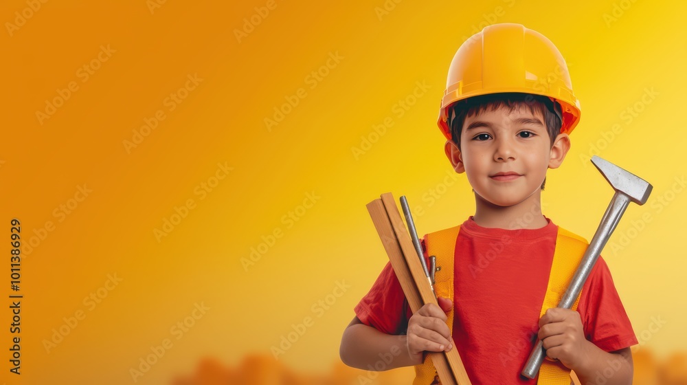 Child wearing helmet, holding tools, smiling against orange background. Child wearing helmet, holding tools, smiling against orange background.