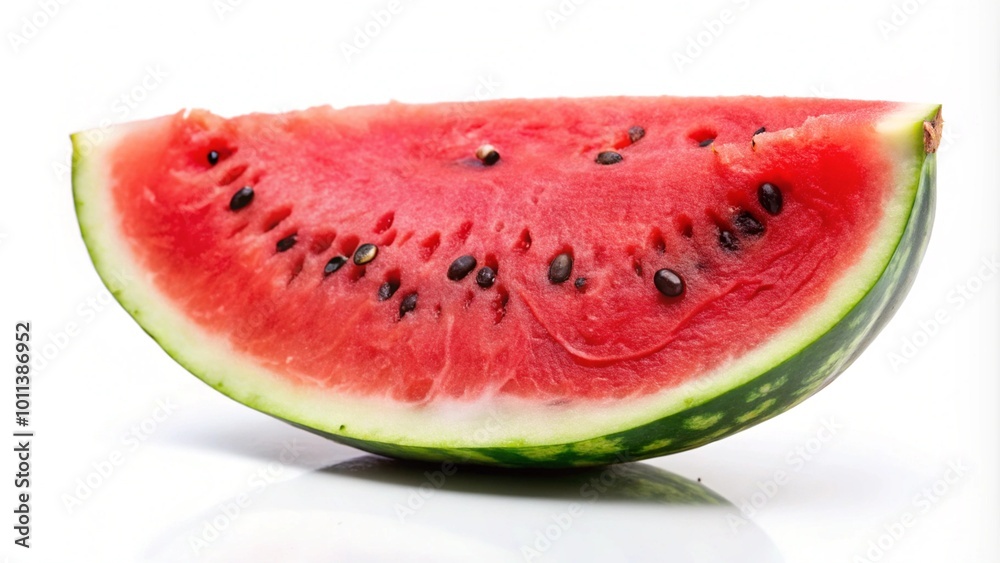 A juicy slice of watermelon with black seeds, isolated on white background. A juicy slice of watermelon with black seeds, isolated on white background.