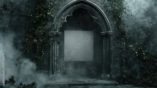 A Foggy, Mysterious Stone Archway with an Empty Frame