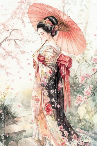 A graceful geisha in a lush garden, holding a parasol under falling cherry blossoms, her kimono detailed with delicate watercolor patterns
