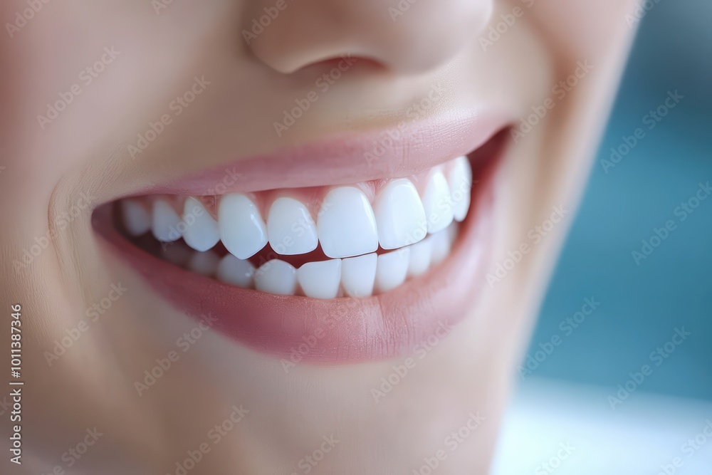Obraz premium Close-up of a bright, cheerful smile showcasing perfect white teeth.