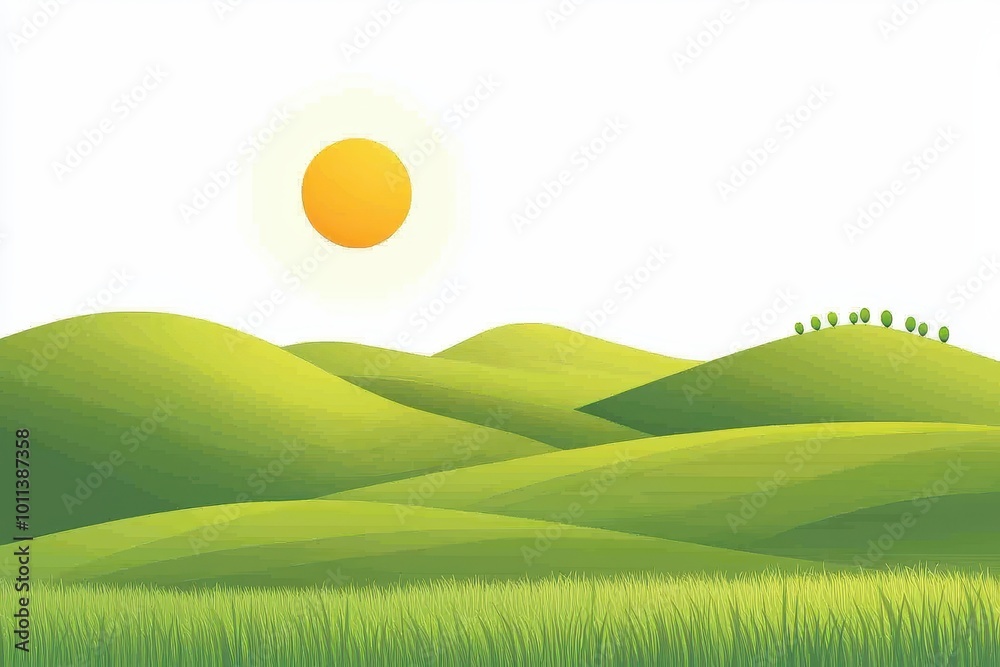Minimalist illustration of rolling green hills with the sun rising on the horizon, ideal for nature, eco-friendly, and environmental themes. Minimalist illustration of rolling green hills with the sun rising on the horizon, ideal for nature, eco-friendly, and environmental themes.