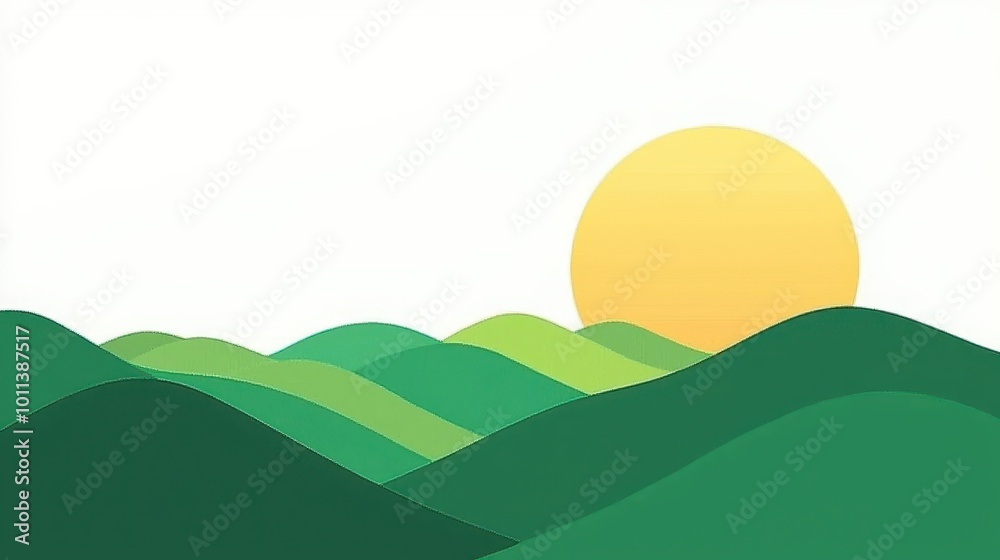 Minimalist illustration of rolling green hills with the sun rising on the horizon, ideal for nature, eco-friendly, and environmental themes. Minimalist illustration of rolling green hills with the sun rising on the horizon, ideal for nature, eco-friendly, and environmental themes.