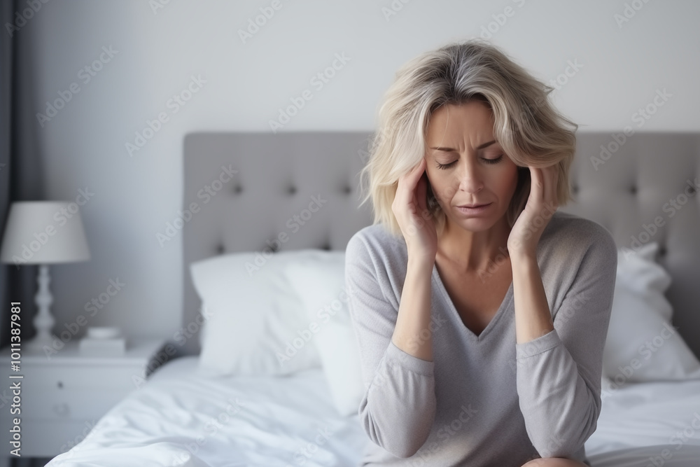 Mature woman with headache and hands to her temples. Middle-aged female with mental disorder or depression. Mature woman with headache and hands to her temples. Middle-aged female with mental disorder or depression.
