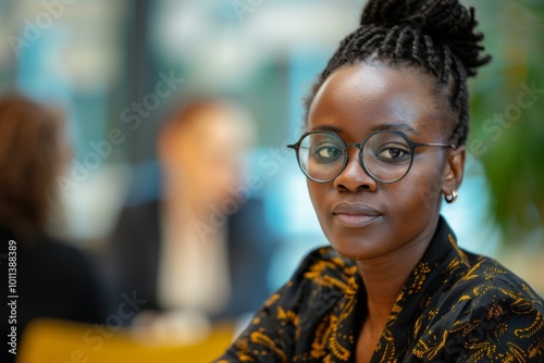 Young black businesswoman in focus during a office meeting with other employees