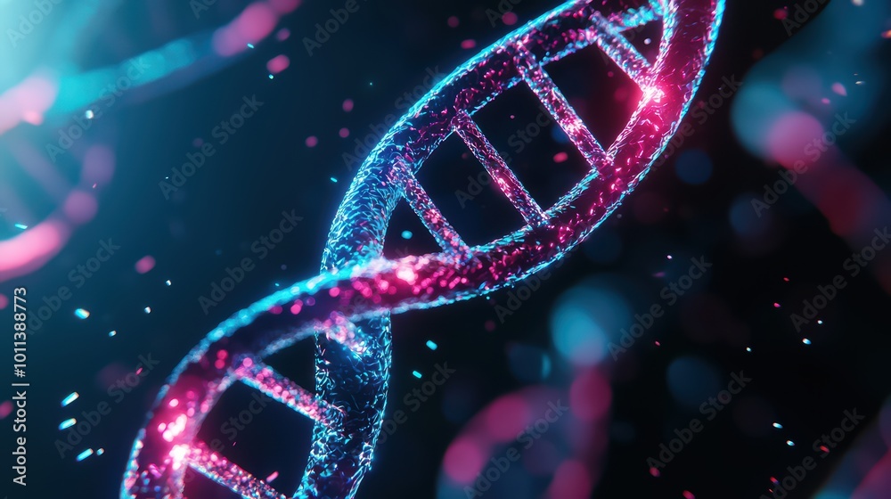 Colorful DNA helix structure against a dark background, glowing, futuristic look. Colorful DNA helix structure against a dark background, glowing, futuristic look.