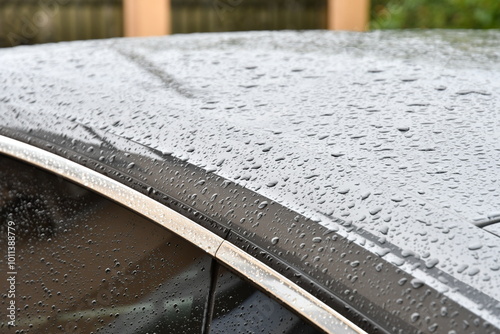 A close-up of a car with water droplets