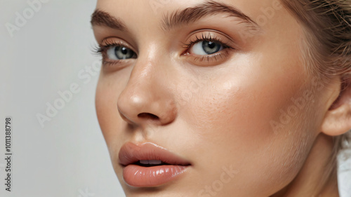 Close-up photo of beautiful blonde model with shiny perfect skin. Beauty makeup commercial cover