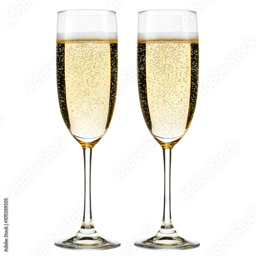 Two glasses of champagne with bubbles, isolated on transparent cutout background photo