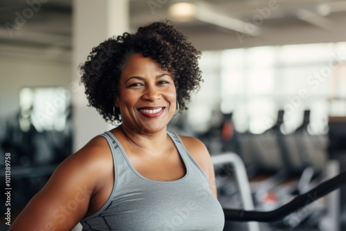 Smiling portrait of a slightly overweight African American woman in gym