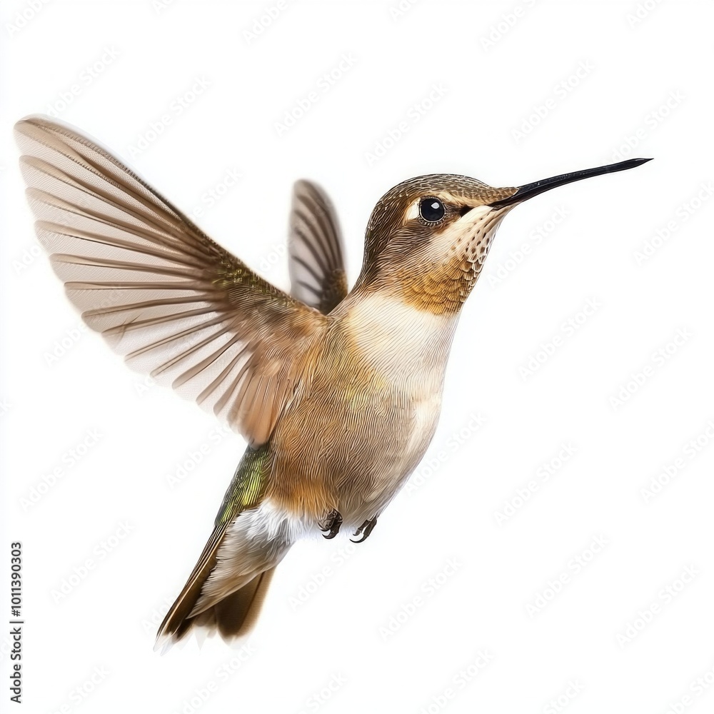 Fototapeta premium hummingbird hovers mid-air, its wings a stunning blur as it deftly navigates the stillness of a pristine white background, embodying grace and beauty.