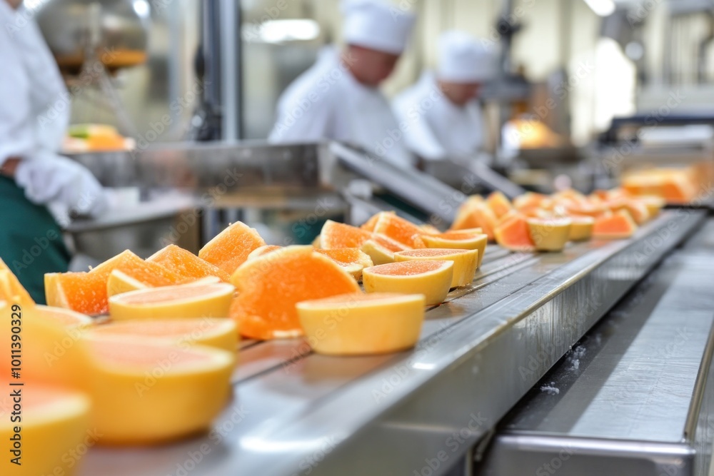 An industrial food processing line, where food products are sliced, mixed, and packaged by specialized equipment, highlighting the efficiency of modern food processing systems An industrial food processing line, where food products are sliced, mixed, and packaged by specialized equipment, highlighting the efficiency of modern food processing systems