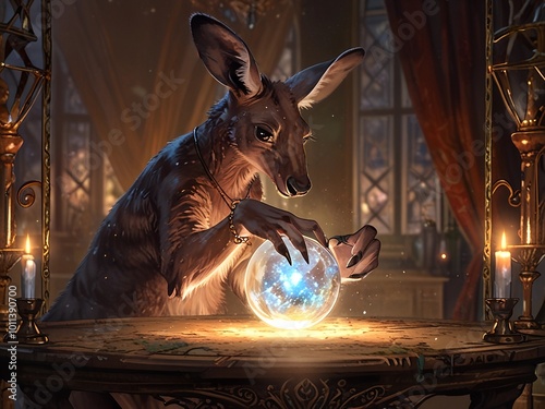 Animal kangaroo fortune teller looking at crystal ball for fortune telling AI generated