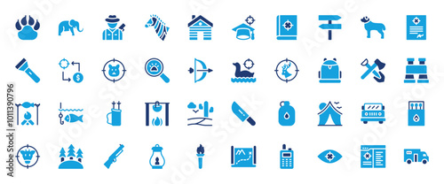 Hunting set of blue icons. Hunting icon. Pawprint, Hunter , Elephant, Zebra, House, Degree, Book, Dog, License, Signboard, Torch, Business, Rabbit, Bow And Arrow vector illustration. 