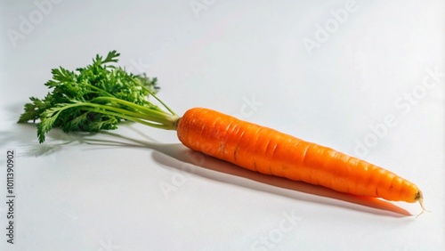 A single, fresh, orange carrot with green leafy tops on a white background.