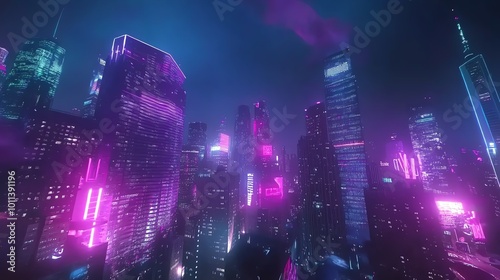 Side view of a vibrant cityscape  drones exploring futuristic skyscrapers  neon lights illuminating the streets  night ambiance