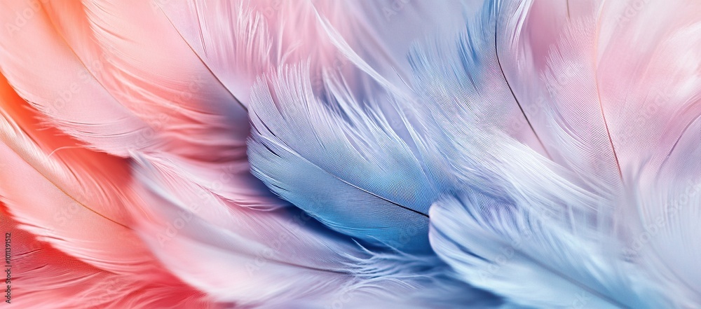 A close-up of soft, pastel-colored feathers in various shades of pink and blue