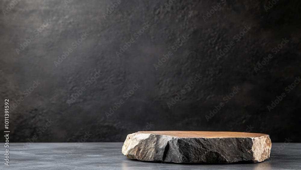 A rustic stone pedestal against a dark background, ideal for display.