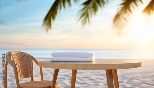 Sunny coastal panorama featuring a wooden table with a breathtaking beach view