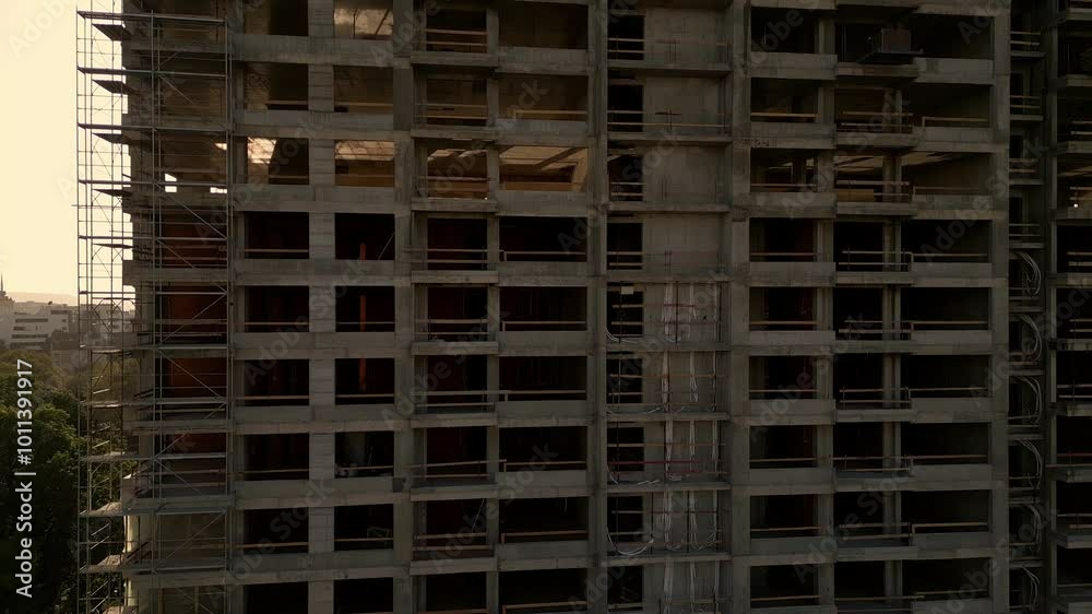 A drone video capturing the construction site of a high-rise building at sunset. The structure's concrete framework, cranes, and scaffolding are bathed in warm sunlight, highlighting urban development A drone video capturing the construction site of a high-rise building at sunset. The structure's concrete framework, cranes, and scaffolding are bathed in warm sunlight, highlighting urban development
