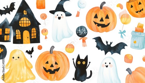 Watercolor Halloween Illustration with Pumpkins, Ghosts, Bats, and Candy