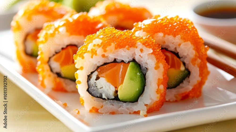 A close-up view of a plate of California rolls, a popular sushi dish made with avocado, crab, and salmon, topped with Tobiko (flying fish roe). A close-up view of a plate of California rolls, a popular sushi dish made with avocado, crab, and salmon, topped with Tobiko (flying fish roe).