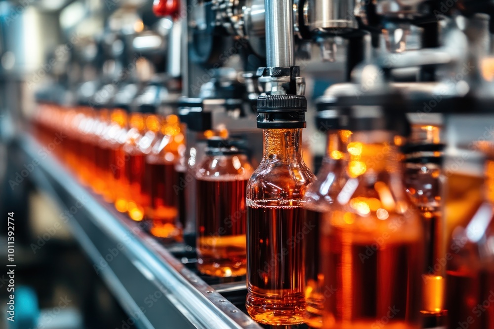 Beverage processing equipment bottling and labeling drinks in a fully automated factory, ensuring consistency and speed in production Beverage processing equipment bottling and labeling drinks in a fully automated factory, ensuring consistency and speed in production