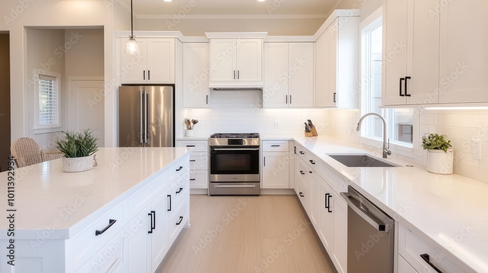Fototapeta premium Modern kitchen with white cabinets and stainless steel appliances, bright and spacious.
