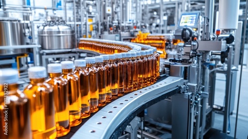 Beverage processing equipment in a factory, with machines bottling and labeling drinks, ensuring consistency and quality in large-scale beverage production