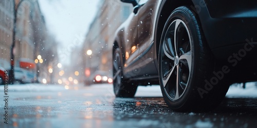 A close-up of a car wheel on a snowy street in an urban setting.