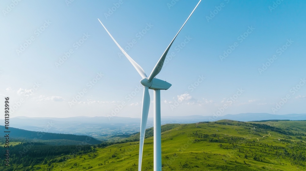 Wind turbine on green hills under clear blue sky, sustainable energy source. Wind turbine on green hills under clear blue sky, sustainable energy source.