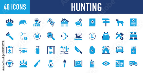 Set of 40 Hunting icons. Hunting  web icons in line style. Pawprint, Hunter , Elephant, Zebra, House, Degree, Book, Dog, License, Signboard, Torch, Business Icon collection. Vector illustration.	