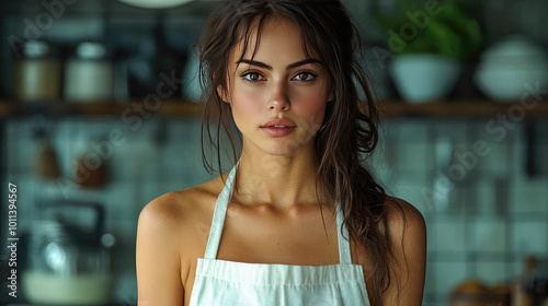 A young woman wearing a white apron standing in a kitchen, looking directly into the camera with a serious expression