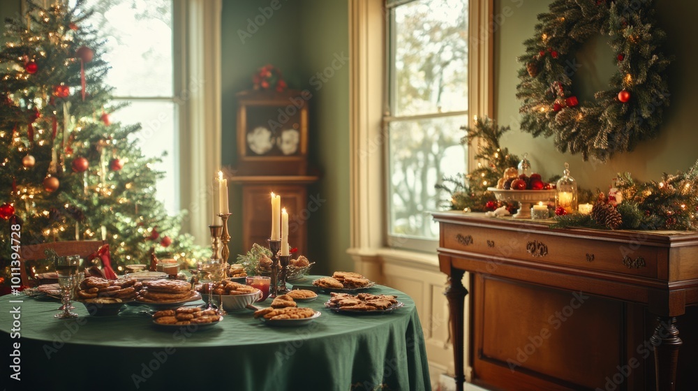 Obraz premium Christmas dining room with green tablecloth, wooden console, decorated tree, wreath, cookies, candle in candlestick, cozy holiday decor, clear windows with natural light